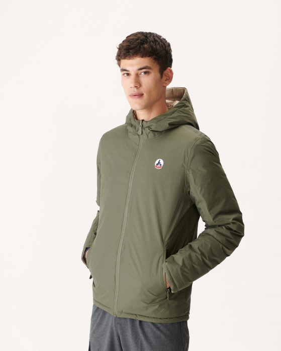 Jaqueta Puffer Com Capuz Reversível Militar/bege Bergen Jott